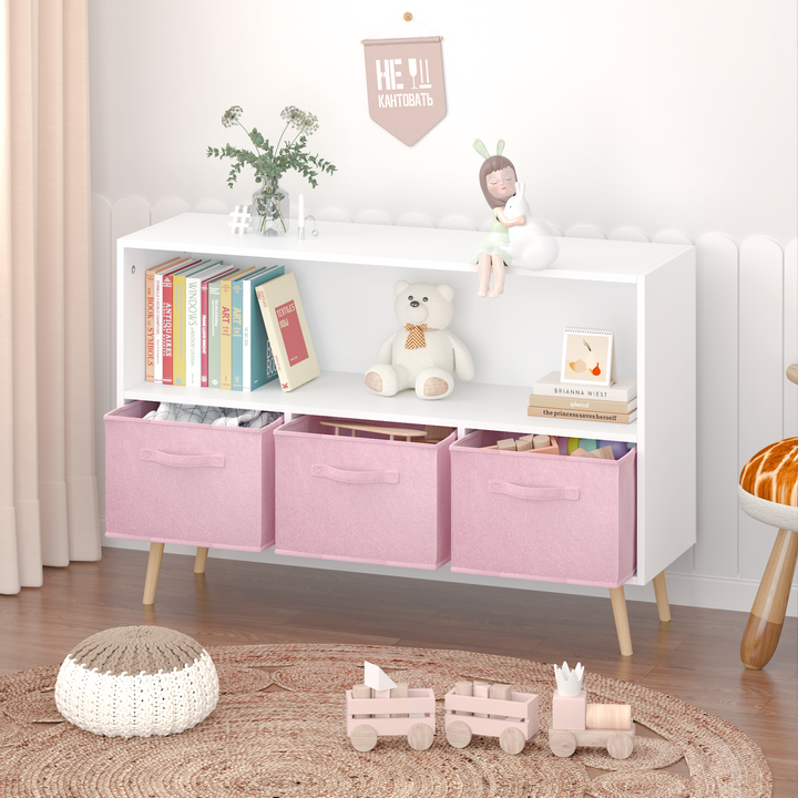 modern-kids-bookcase-with-collapsible-fabric-drawers-childrens-book-display-toy-storage-white-pink-mdf-pine-legs
