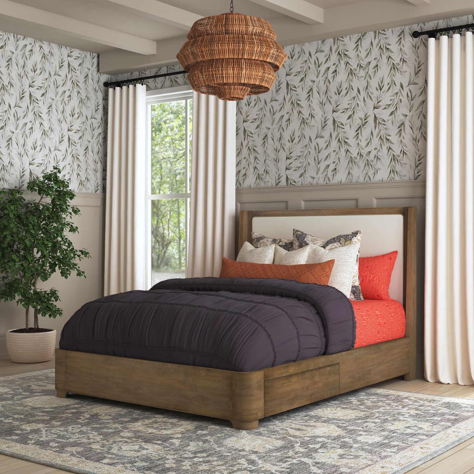 Normandy  Queen Upholstered Storage Bed  Light Brown