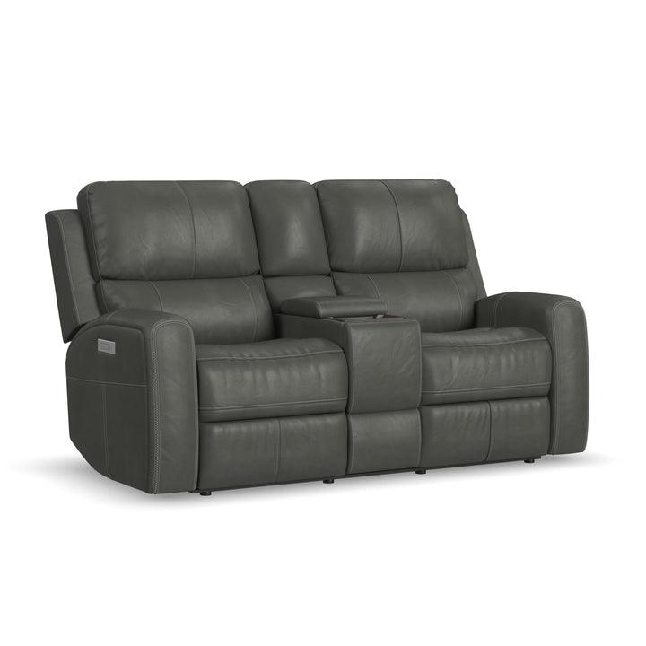 Linden Leather Power Reclining Loveseat with Console &amp; Power Headrests &amp; Lumbar in Charcoal