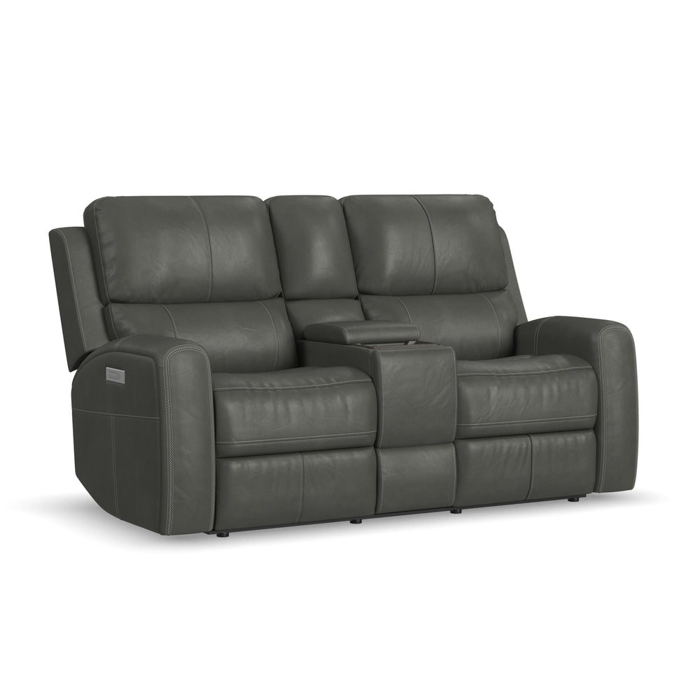 Linden Leather Power Reclining Loveseat with Console & Power Headrests & Lumbar in Charcoal