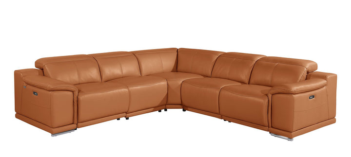 DivanItalia 9762 5-Piece L Shaped Top Grain Italian Leather Sectional Sofa with 3 Power Recliners - Camel