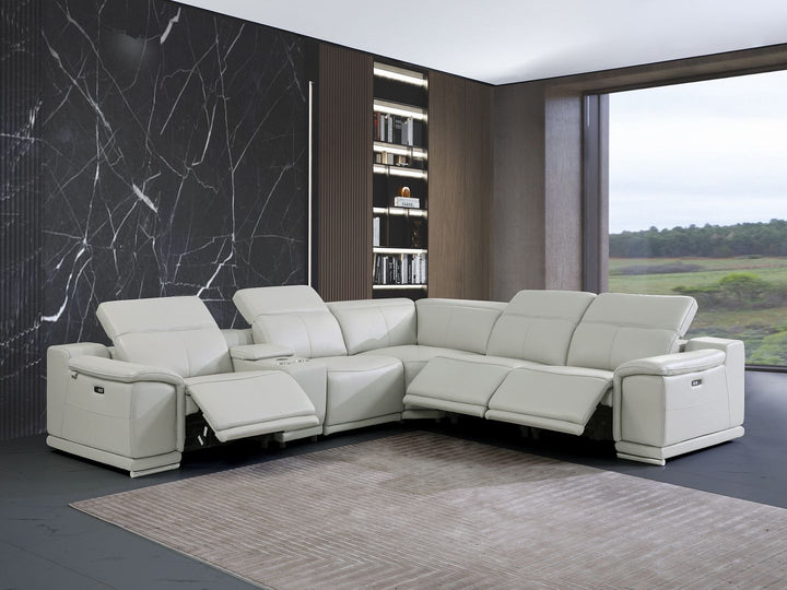 DivanItalia 9762 6-Piece L Shaped Top Grain Italian Leather Sectional Sofa with 3 Power Recliners - Light Gray