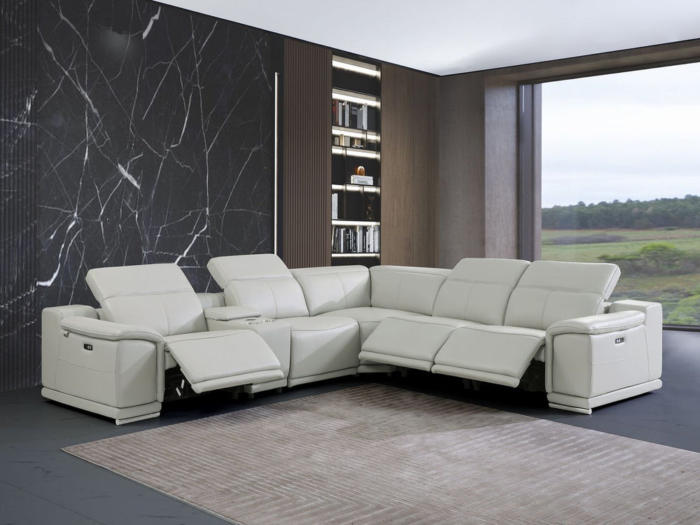DivanItalia 9762 6-Piece L Shaped Top Grain Italian Leather Sectional Sofa with 3 Power Recliners - Light Gray