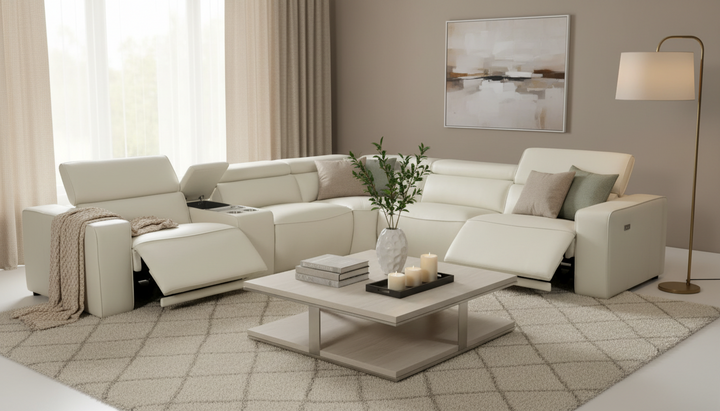 Tampa Power Reclining Italian Leather Sectional in Cream