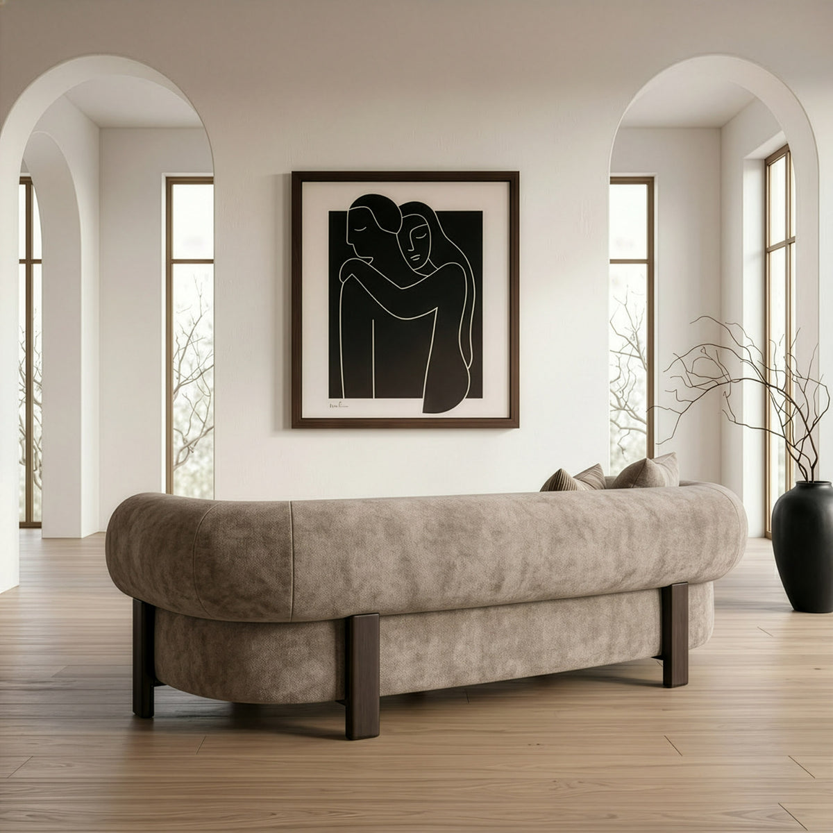 Arnaud - Modern Tan Fabric + Brown Oak Sofa - View 10