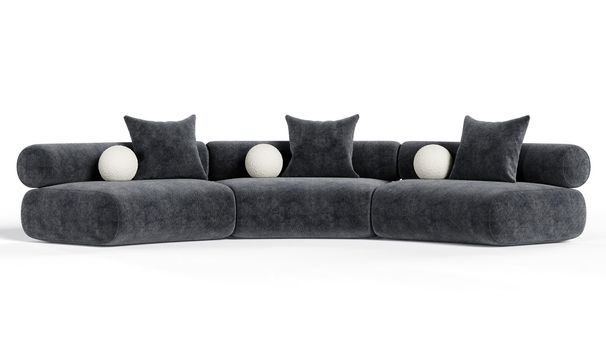 Simpson - Contemporary Dark Grey Fabric Curved Modular Sectional Sofa with Throw Pillows-3-Piece Sectional