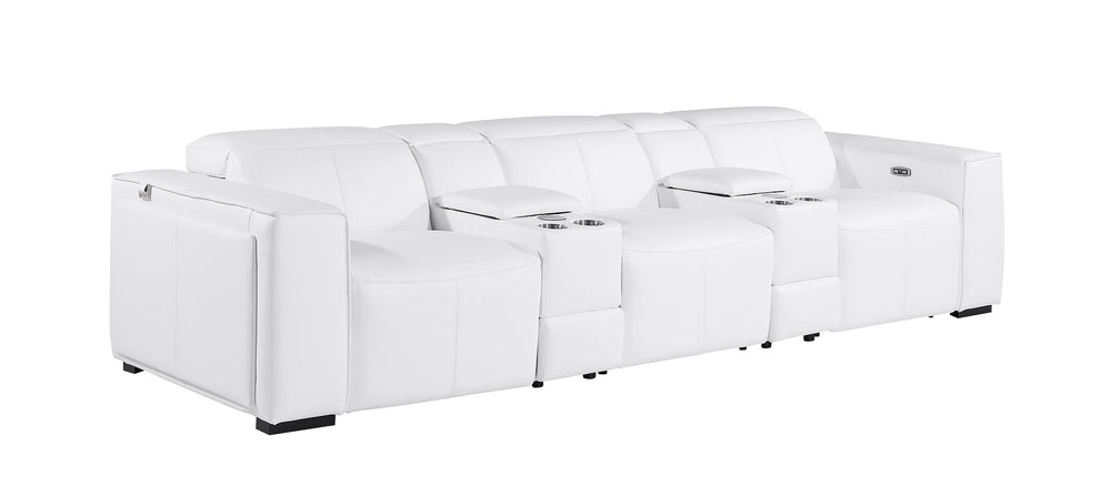 DivanItalia 1224 5-Piece Modular Power Reclining Sofa in Top Grain Italian Leather with 3 Power Recliners & Power Headrests - White