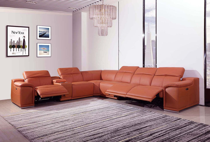 DivanItalia 9762 7-Piece L Shaped Top Grain Italian Leather Sectional Sofa with 3 Power Recliners - Camel