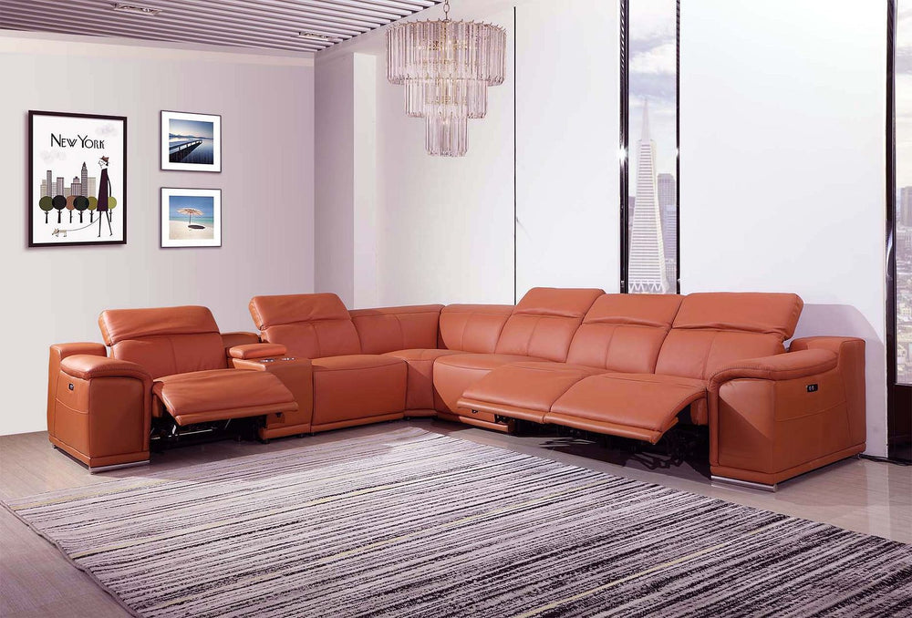 DivanItalia 9762 7-Piece L Shaped Top Grain Italian Leather Sectional Sofa with 3 Power Recliners - Camel
