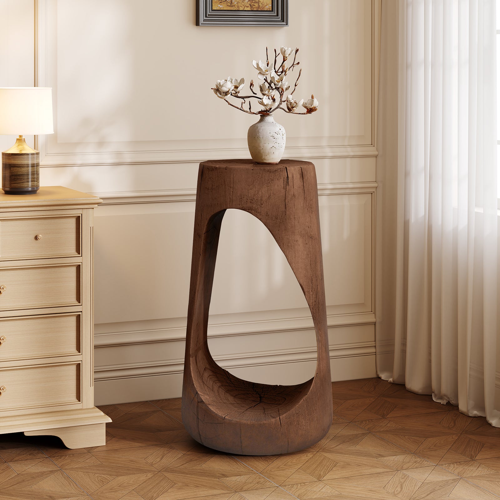 Indoor or Outdoor Hollow Decorative End Table, Antique Brown Color