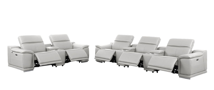 DivanItalia 9762 8-Piece Modular Power Reclining Sofa and Console Loveseat Set with Top Grain Italian Leather - Light Gray