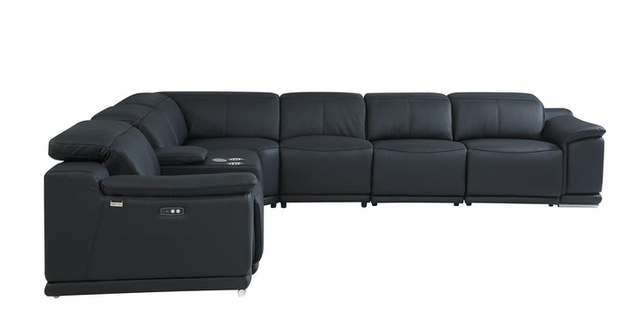 DivanItalia 9762 7-Piece L Shaped Top Grain Italian Leather Sectional Sofa with 3 Power Recliners - Black