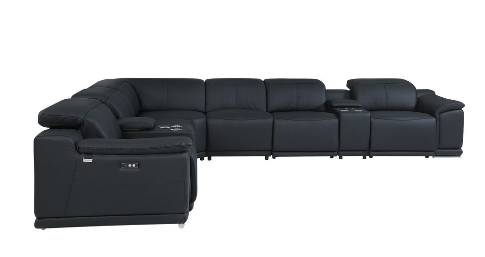 DivanItalia 9762 8-Piece L Shaped Top Grain Italian Leather Sectional Sofa with 4 Power Recliners - Black