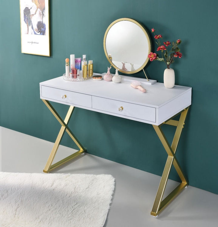 Coleen - Vanity Desk With Mirror & Jewelry Tray - White & Gold