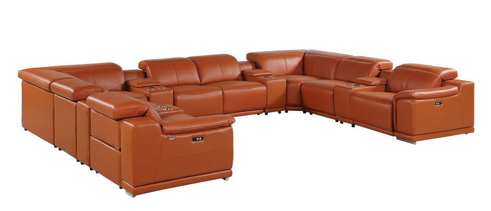 DivanItalia 9762 12-Piece U Shaped Top Grain Italian Leather Sectional Sofa with 4 Power Recliners - Camel