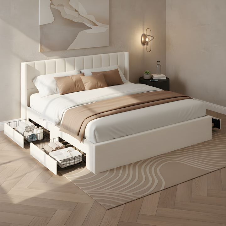 Chenille King Storage Bed with Drawers – Beige