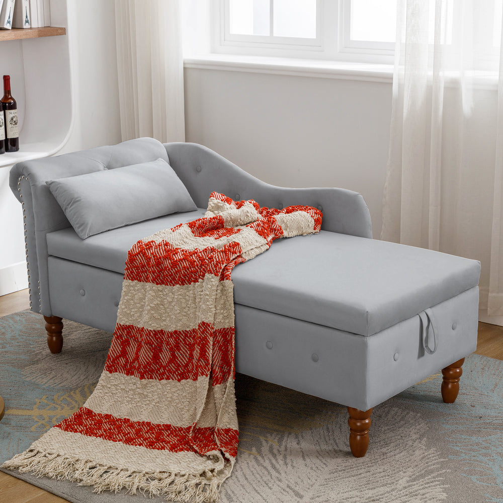grey-velvet-lounge-chaise-with-storage-pillow-modern-upholstered-rolled-arm