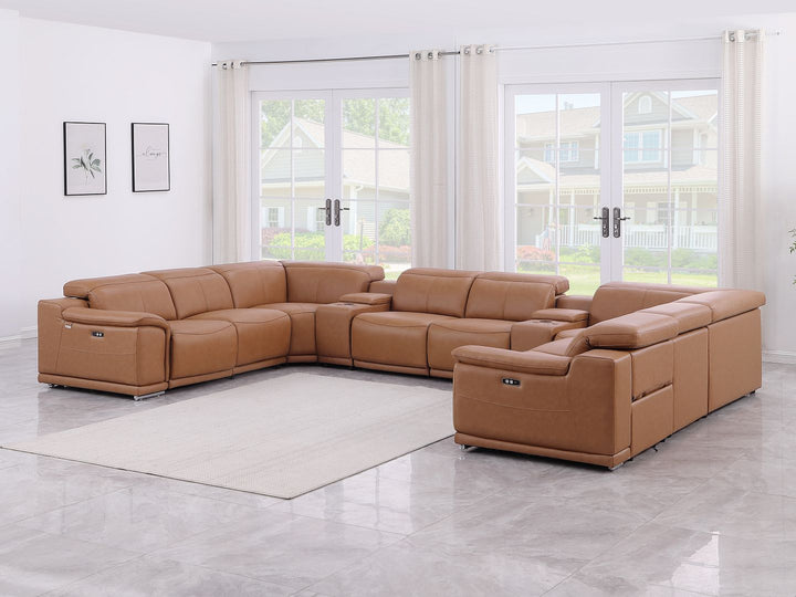 DivanItalia 9762 10-Piece U Shaped Top Grain Italian Leather Sectional Sofa with 4 Power Recliners - Cognac