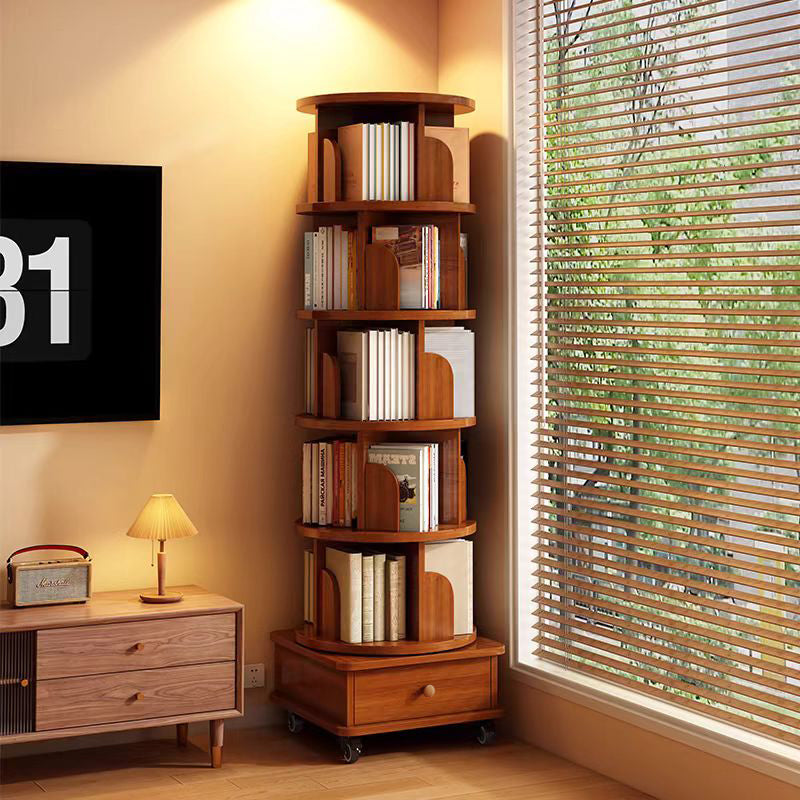 Corner 360 Degrees Rotating 6-tier Bookshelf with Wheels, Walnut Brown