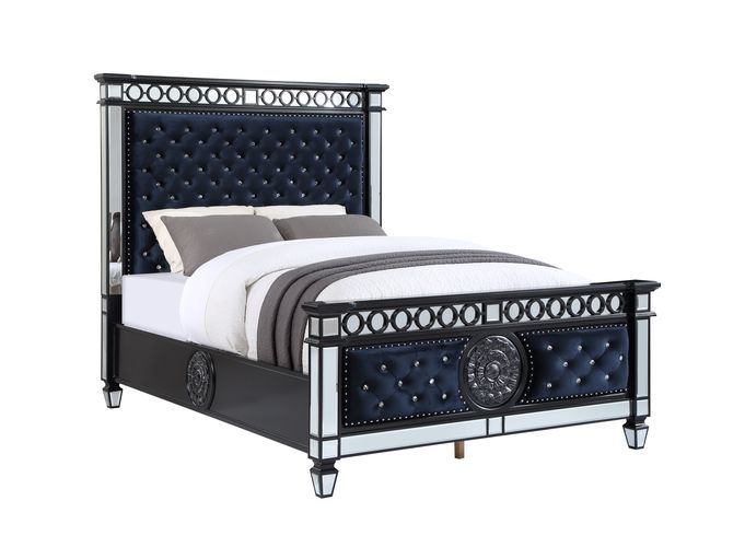 ACME Furniture Varian II Queen Bed Mirrored, Dark Navy Blue Velvet & Bl