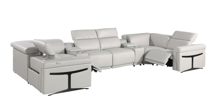 DivanItalia 1126 8-Piece U-Shaped Sectional Sofa in Top Grain Italian Leather with 2 Power Recliners &amp; Power Headrests - Light Gray