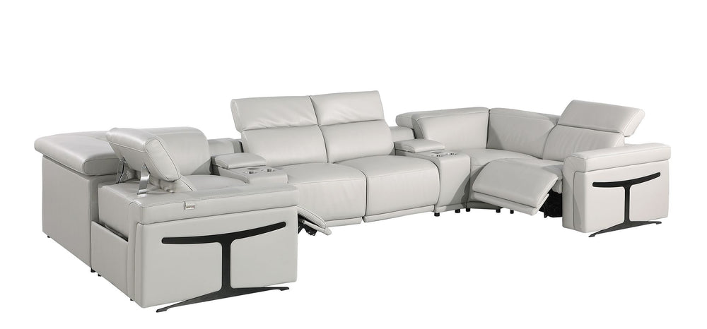 DivanItalia 1126 8-Piece U-Shaped Sectional Sofa in Top Grain Italian Leather with 2 Power Recliners & Power Headrests - Light Gray