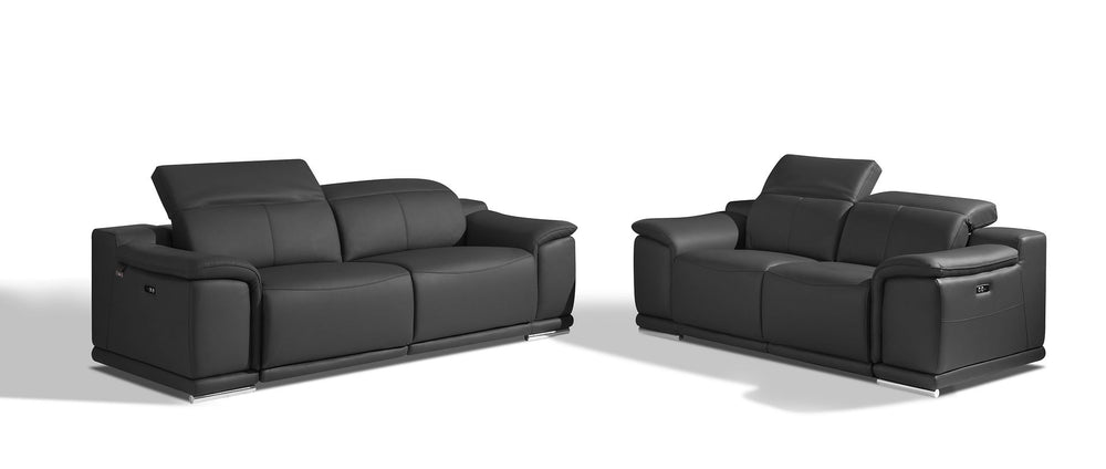 DivanItalia 9762 Top Grain Italian Leather Power Reclining Sofa and Loveseat Set with Adjustable Headrests - Dark Gray