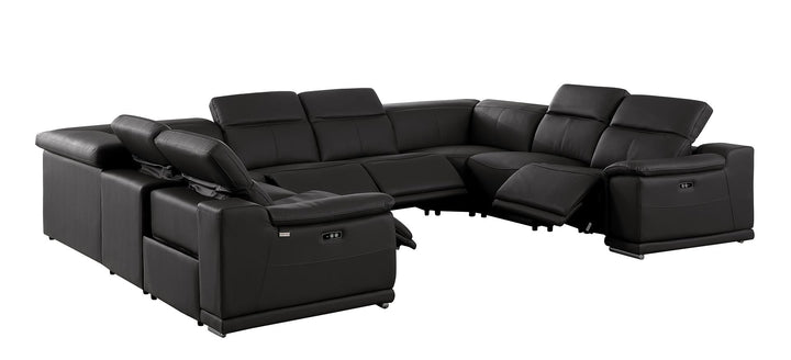 DivanItalia 9762 8-Piece U Shaped Top Grain Italian Leather Sectional Sofa with 4 Power Recliners – No Console - Black