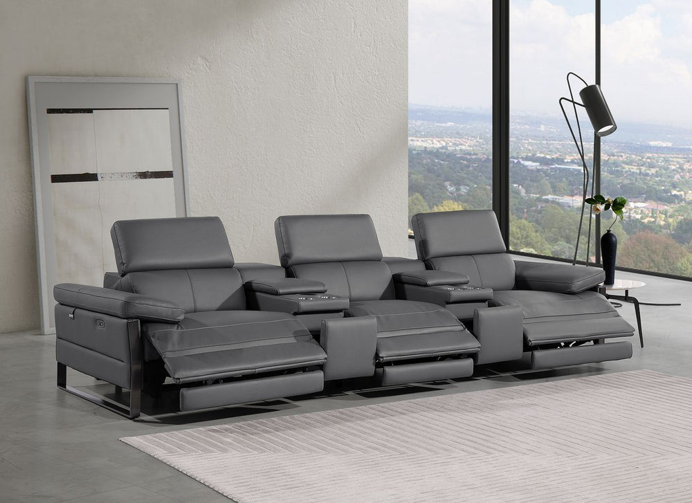 DivanItalia 1246 Modular Power Triple Reclining Dual Console Sofa with Power Reclining Headrests – Top Grain Italian Leather - Dark Gray
