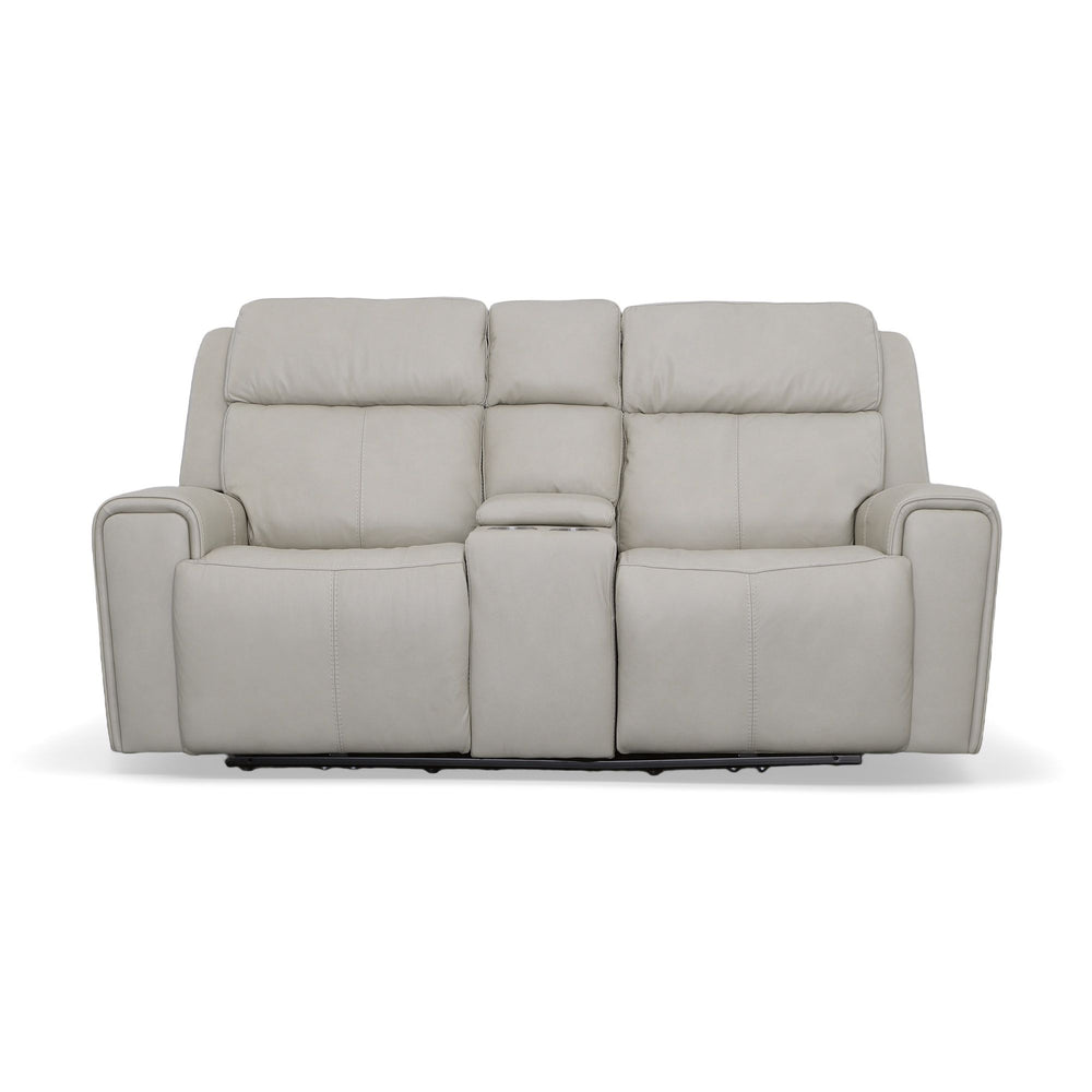 Barnett Leather Power Reclining Loveseat with Console, Power Headrests & Lumbar in Gray Matters