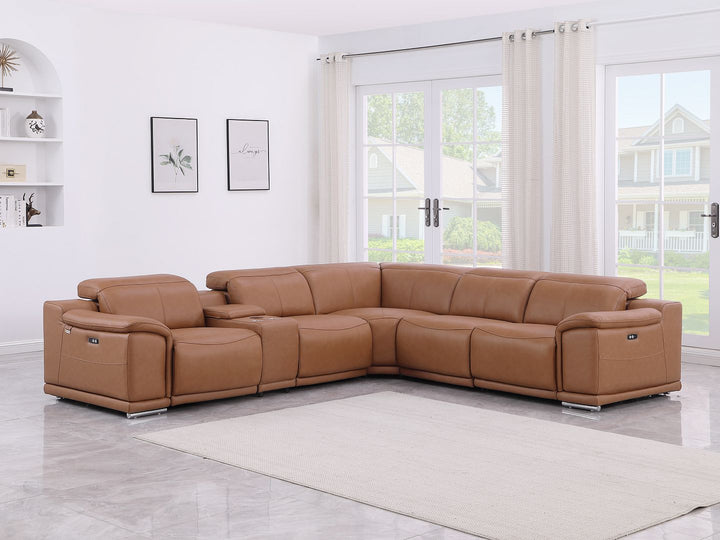 DivanItalia 9762 6-Piece L Shaped Top Grain Italian Leather Sectional Sofa with 3 Power Recliners - Cognac