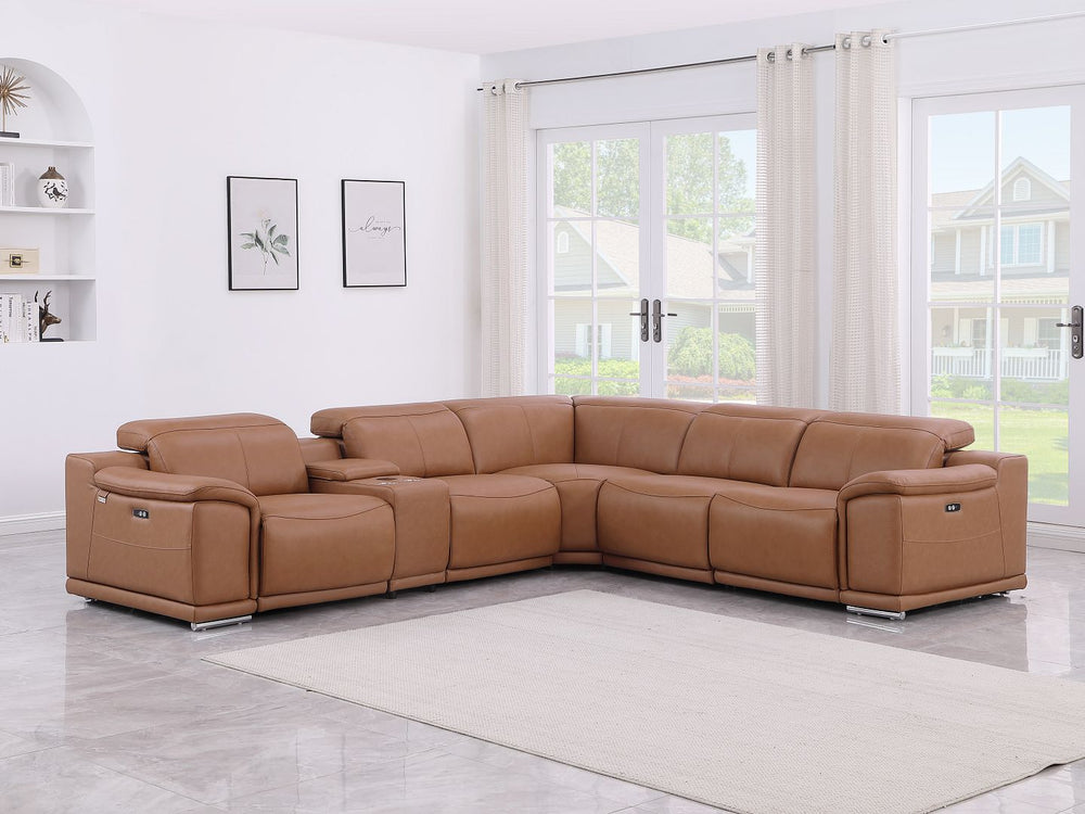 DivanItalia 9762 6-Piece L Shaped Top Grain Italian Leather Sectional Sofa with 3 Power Recliners - Cognac