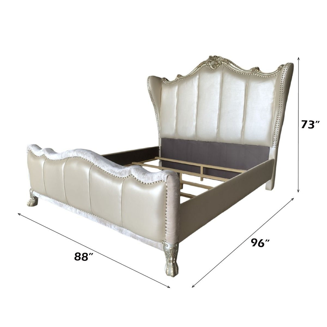 Dresden II - California King Bed - Pearl White Synthetic Leather & Gold Patina