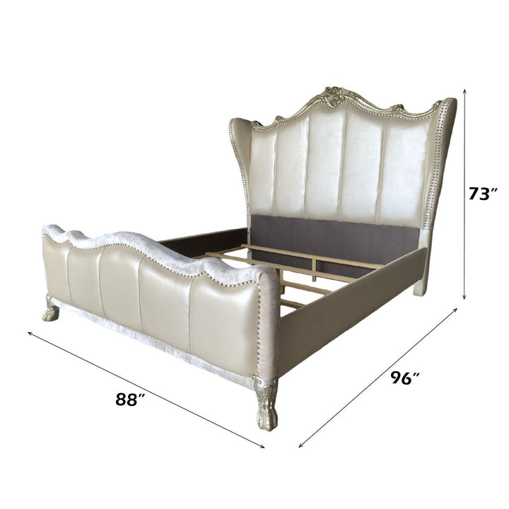 Dresden II - California King Bed - Pearl White Synthetic Leather & Gold Patina