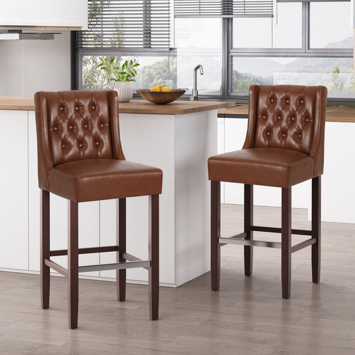 30.5" PU Bar Stool with Footrest – Light Brown (Set of 2)