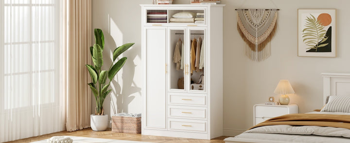 Wardrobe with glass doors, drawers, and hanging storage