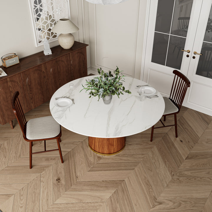 47-Inch Round Dining Table with Stone Top &amp; Walnut-Finish Solid Wood Base