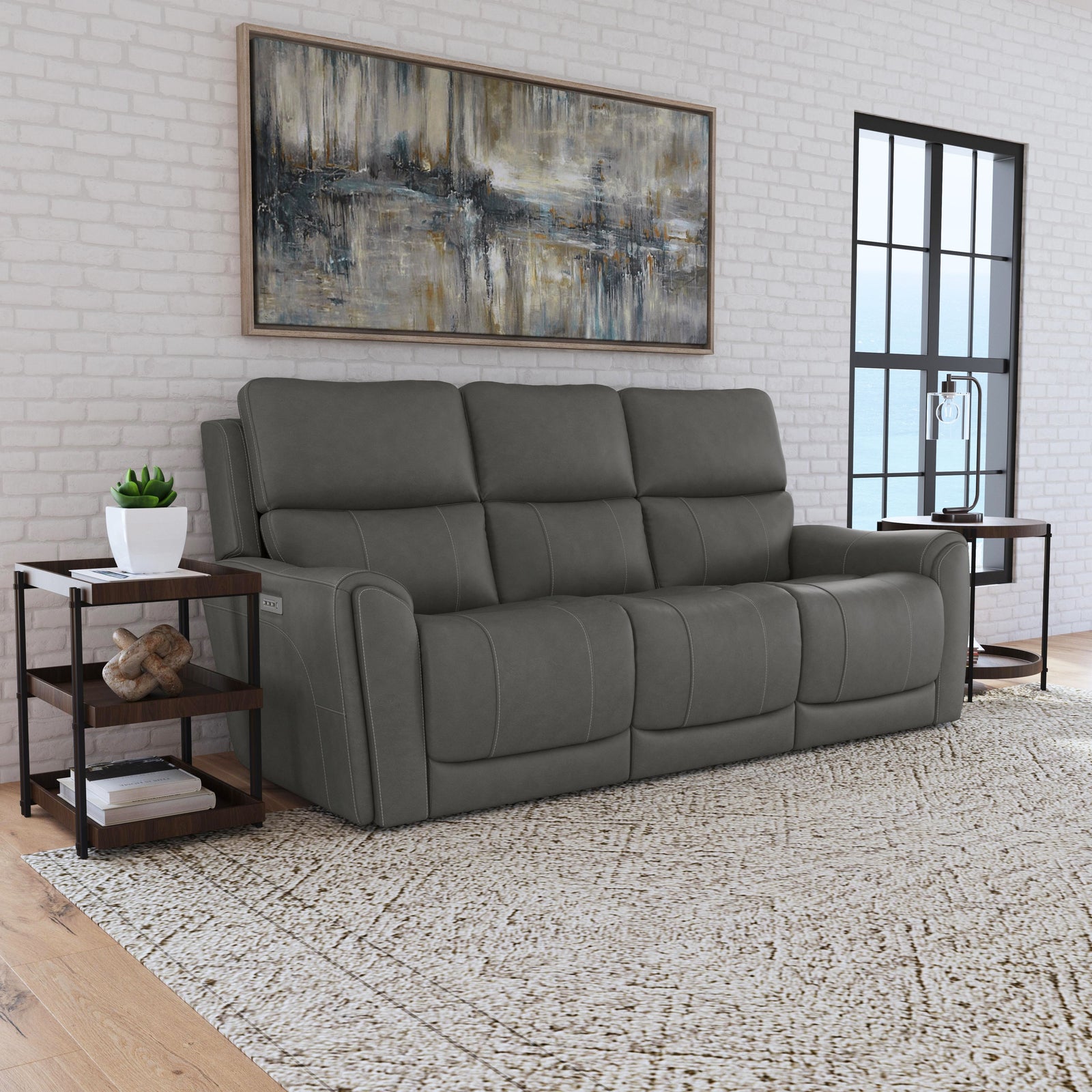Carter Fabric Power Reclining Sofa with Console & Power Headrests & Lumbar in Smoke