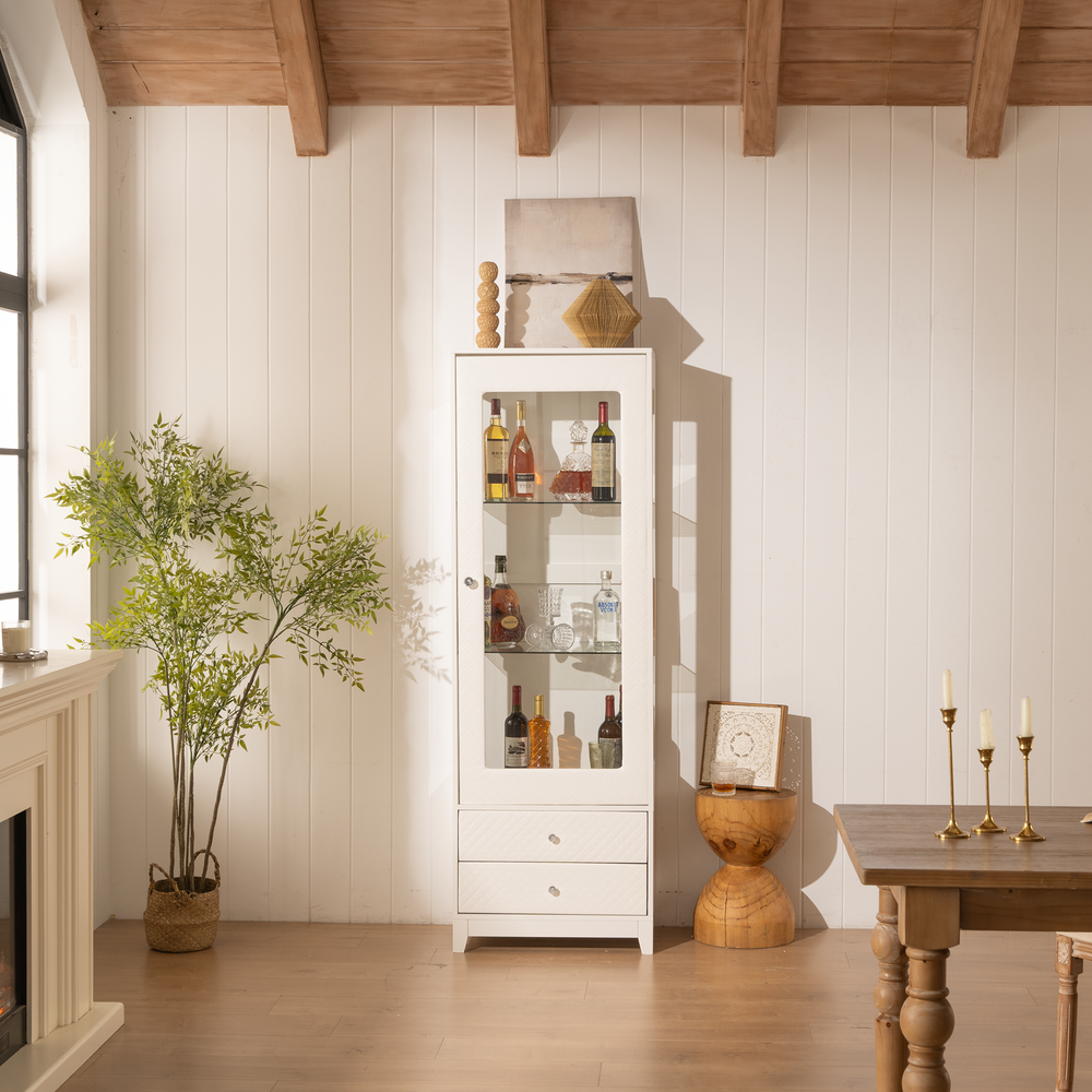 Modern Upholstered Glass Display Cabinet with Adjustable LED Light in White
