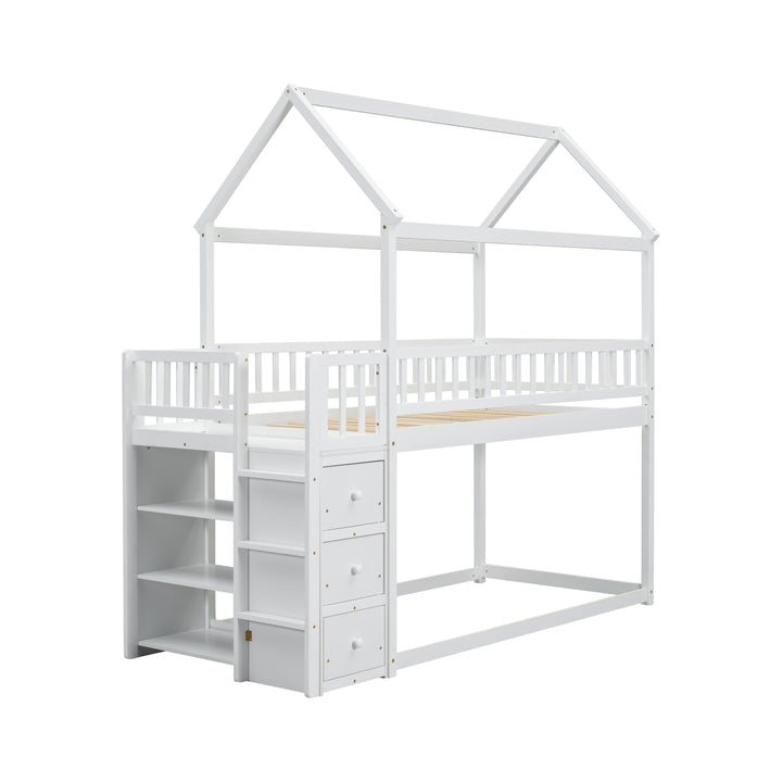 twin-twin-house-bunk-bed-with-shelves-and-drawers-white-color