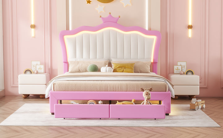 full-size-upholstered-princess-bed-frame-with-led-lights-crown-headboard-and-2-drawers-pink-white