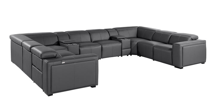 DivanItalia 1224 10-Piece U-Shaped Sectional Sofa in Top Grain Italian Leather with 4 Power Recliners &amp; Power Headrests - Dark Gray