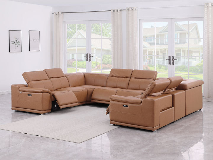 DivanItalia 9762 8-Piece U Shaped Top Grain Italian Leather Sectional Sofa with 4 Power Recliners – No Console - Cognac
