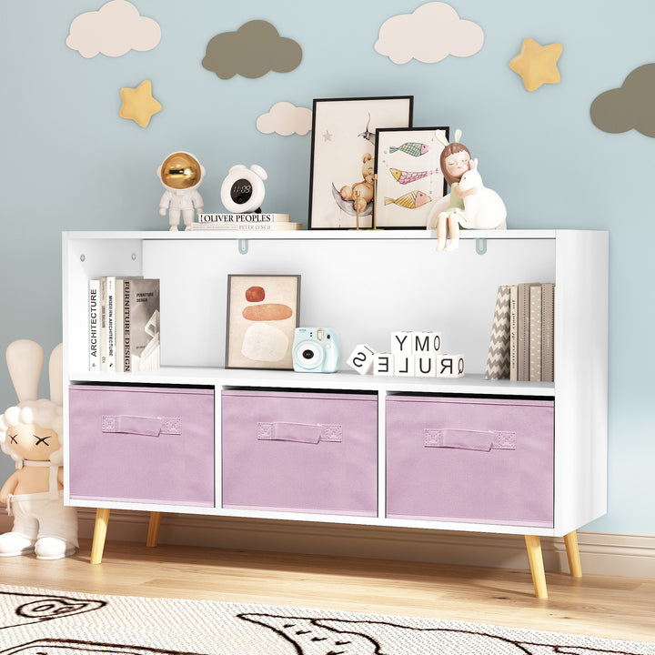 modern-kids-bookcase-with-collapsible-fabric-drawers-childrens-book-display-toy-storage-white-pink-mdf-pine-legs