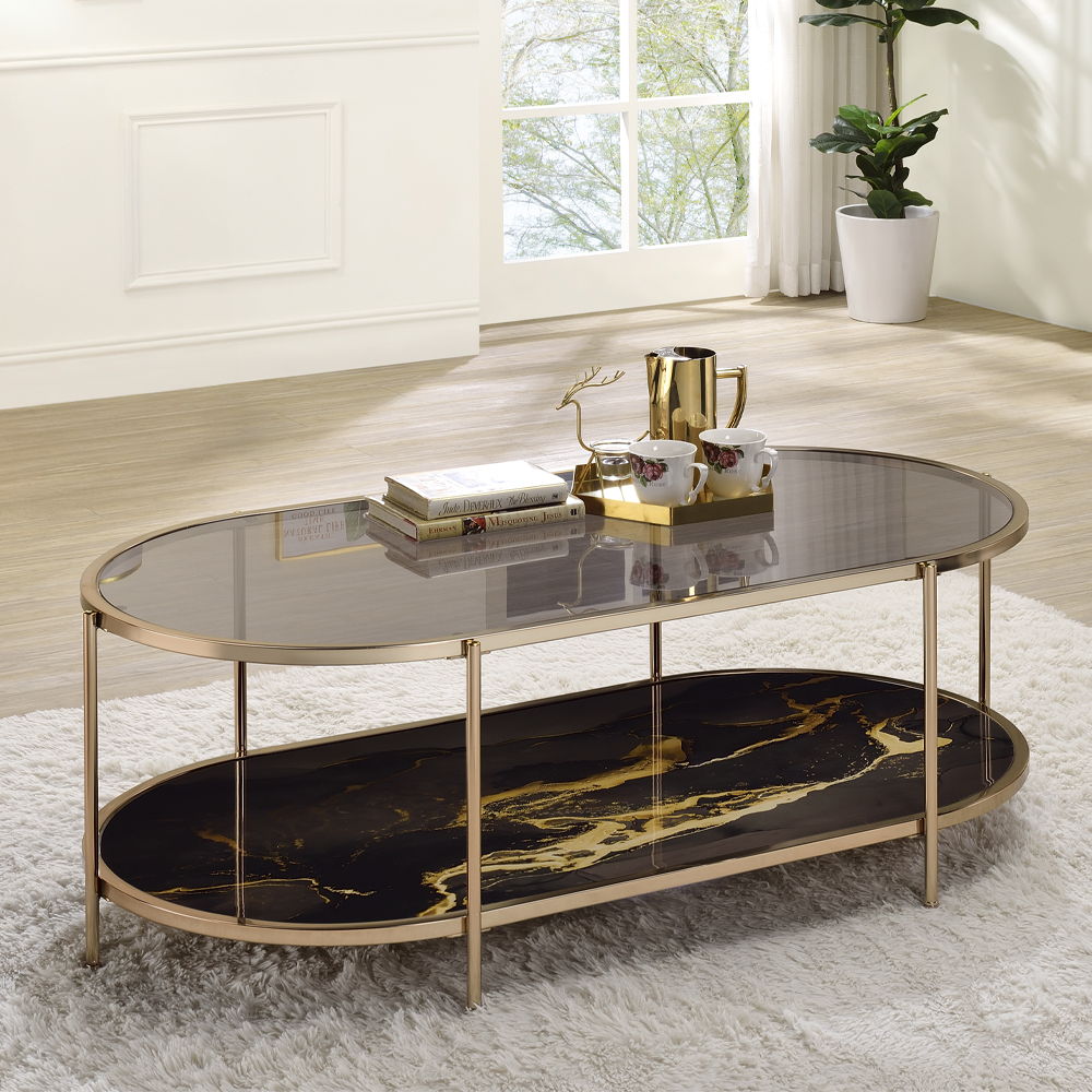 Fiorella - Coffee Table - Black Marble Print & Champagne