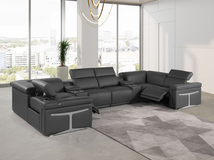 DivanItalia 1126 8-Piece U-Shaped Sectional Sofa in Top Grain Italian Leather with 2 Power Recliners &amp; Power Headrests - Dark Gray