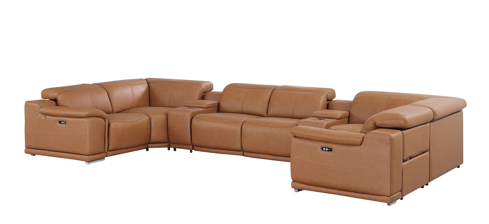 DivanItalia 9762 8-Piece U Shaped Top Grain Italian Leather Sectional Sofa with 4 Power Recliners – with Console - Cognac