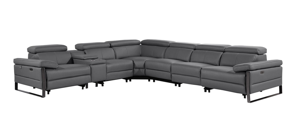 DivanItalia 1246 7-Piece L-Shaped Modular Power Reclining Sectional with 3 Power Recliners and Power Headrests – Top Grain Italian Leather - Dark Gray