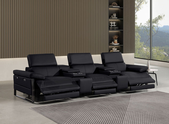 DivanItalia 1246 Modular Power Triple Reclining Dual Console Sofa with Power Reclining Headrests – Top Grain Italian Leather - Black