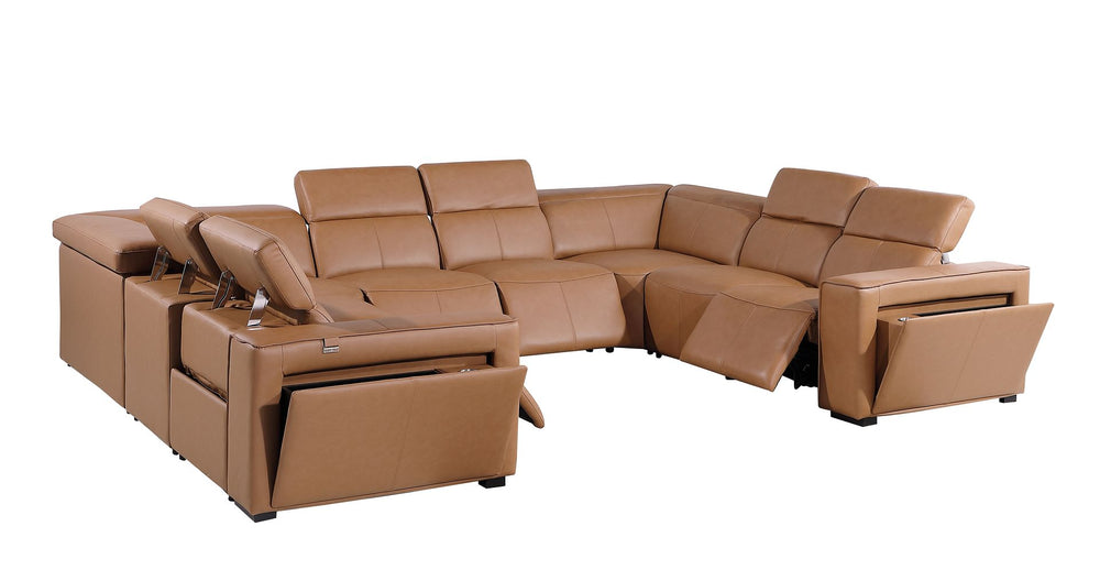 DivanItalia 1224 8-Piece U-Shaped Sectional Sofa in Top Grain Italian Leather with 4 Power Recliners & Power Headrests – No Console - Cognac